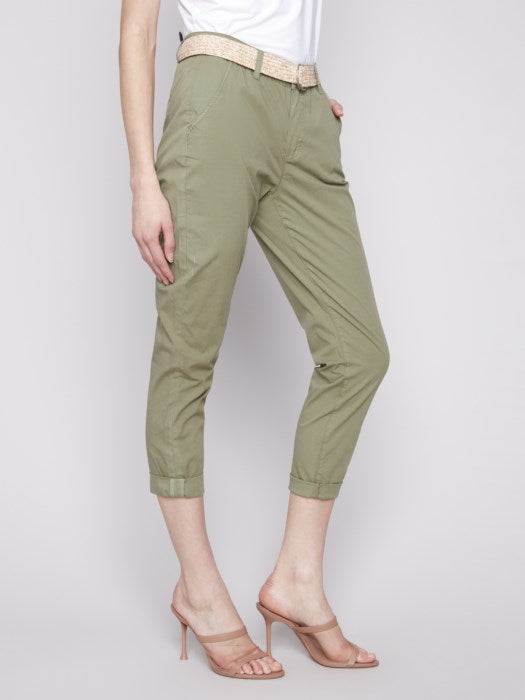 Charlie B Stretch Twill Slim Pant Leg With Belt - Celadon