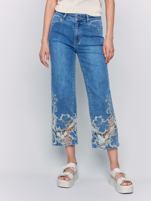 Charlie B Crop Flare Leg Jeans with Laser Cut Lace Hem