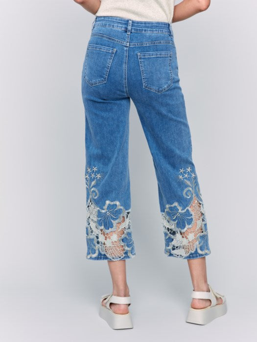 Charlie B Crop Flare Leg Jeans with Laser Cut Lace Hem