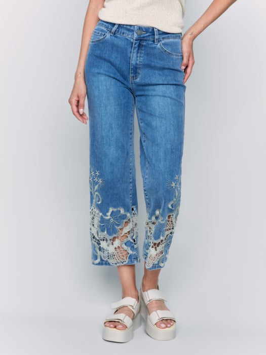 Charlie B Crop Flare Leg Jeans with Laser Cut Lace Hem