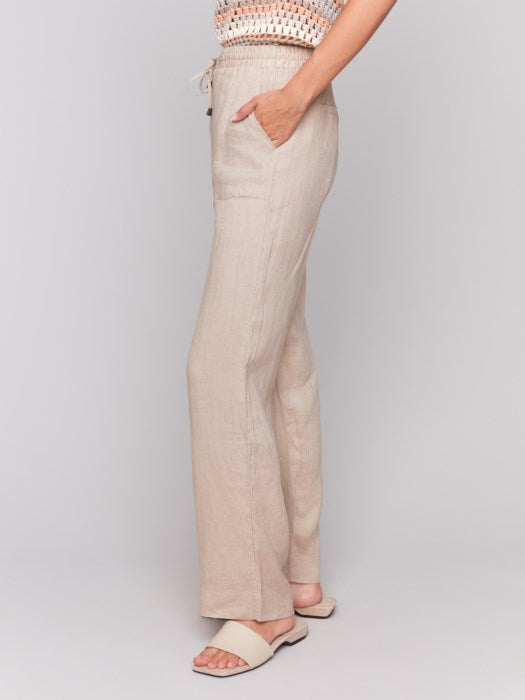 Charlie B Pull-On Linen Blend Wide Leg Pants - Biscuit