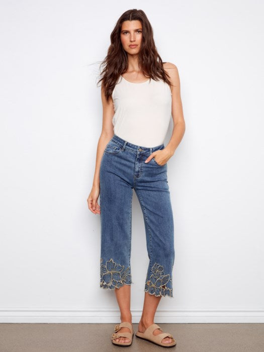 Charlie B Cropped Wide Leg Stretch Denim Pants With Flower Embroidery At Hem