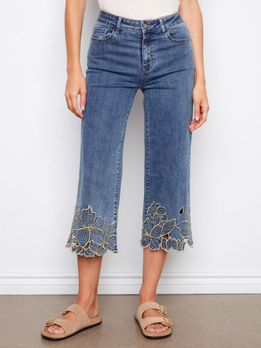 Charlie B Cropped Wide Leg Stretch Denim Pants With Flower Embroidery At Hem