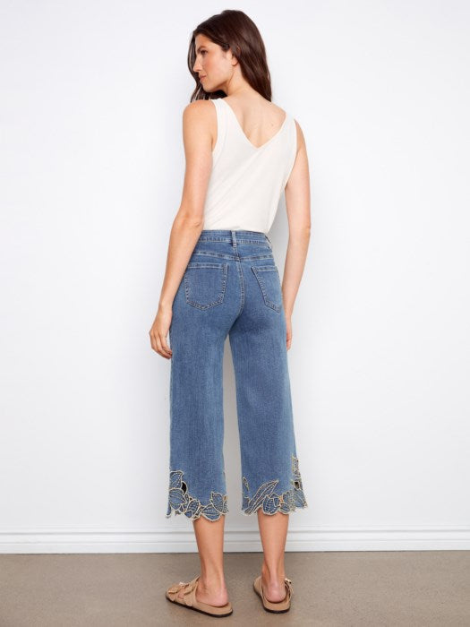 Charlie B Cropped Wide Leg Stretch Denim Pants With Flower Embroidery At Hem