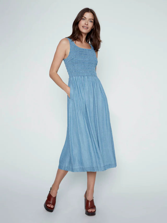 Charlie B Tencel Sleeveless Smocked Maxi Dress - Soft Blue