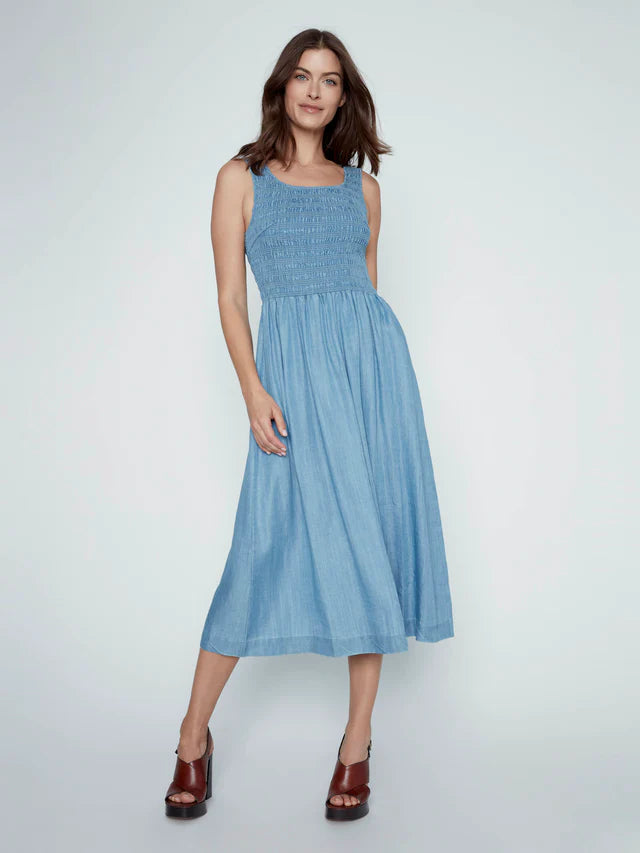 Charlie B Tencel Sleeveless Smocked Maxi Dress - Soft Blue