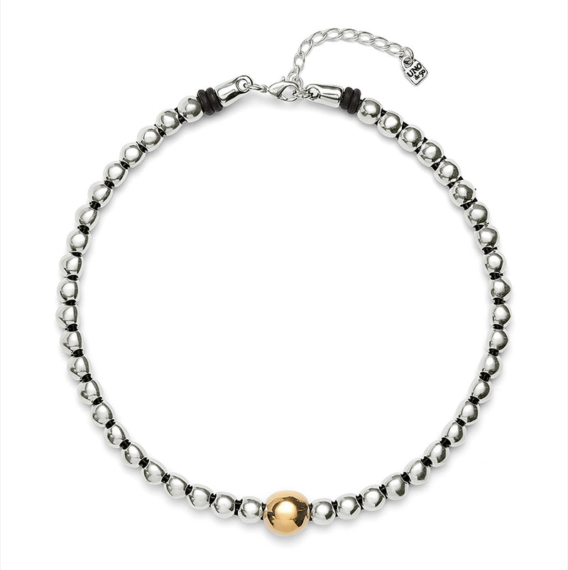 UNOde50 Beaded short necklace with larger central bead - Sterling Silver w/Gold