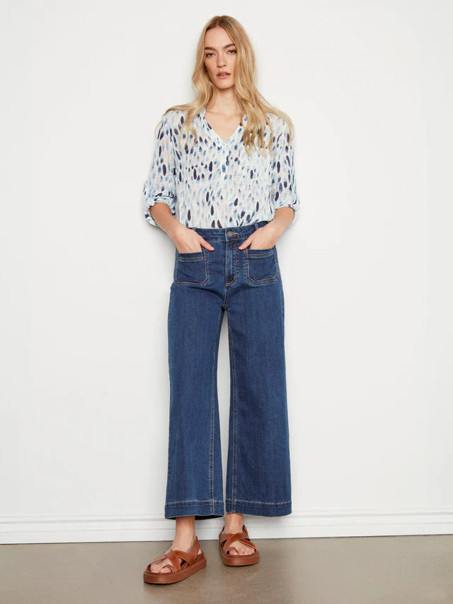 Charlie B Printed Cotton Gauze Half-Button Blouse - Blue