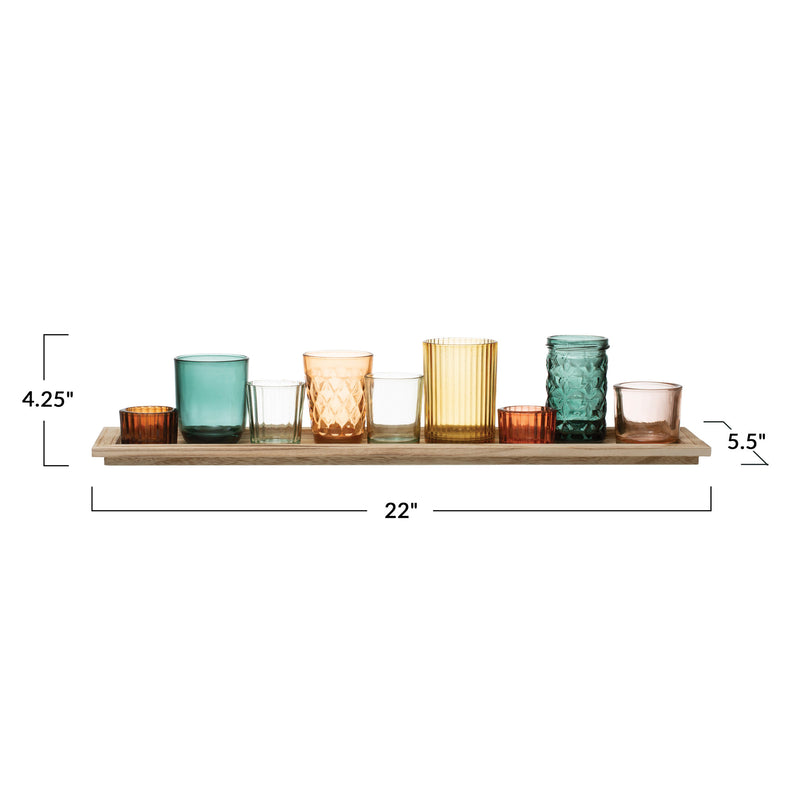 Embossed Glass Votive Holders with Tray, Set of 10