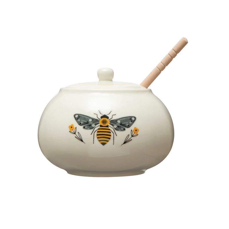 Stoneware Honey Pot w/ Wood Honey Dipper & Bee, Multi Color, Set of 2