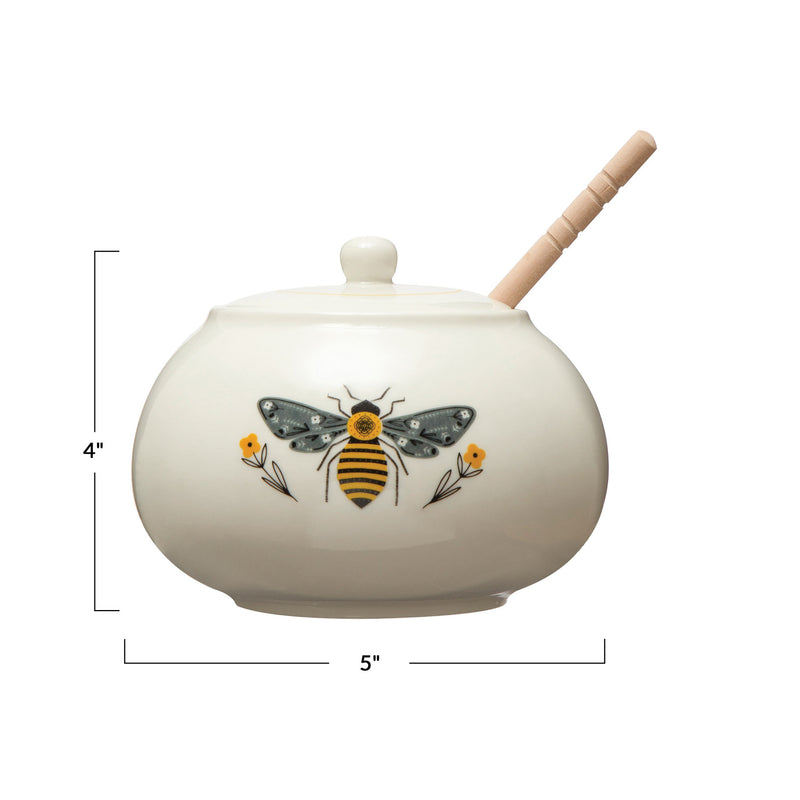 Stoneware Honey Pot w/ Wood Honey Dipper & Bee, Multi Color, Set of 2