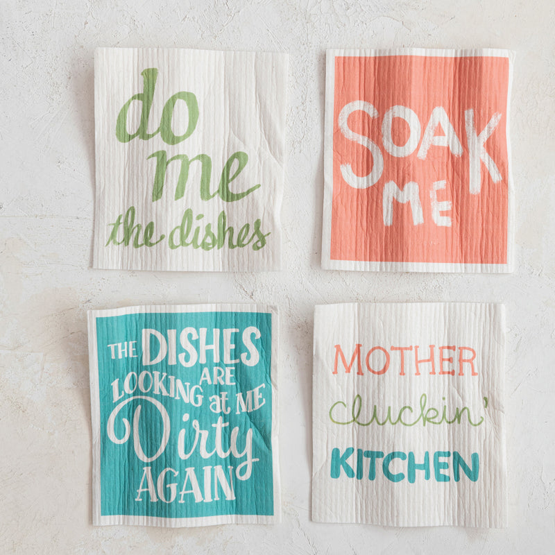 Reusable Cellulose Sponge Cloth w/ Saying, Multi Color, 4 Styles