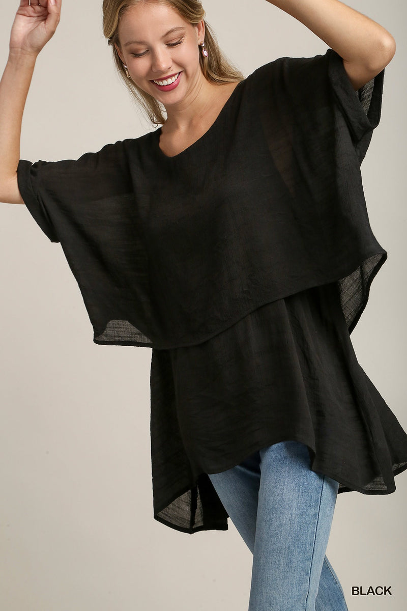 Cuffed Half Sleeve Layered Top - Black