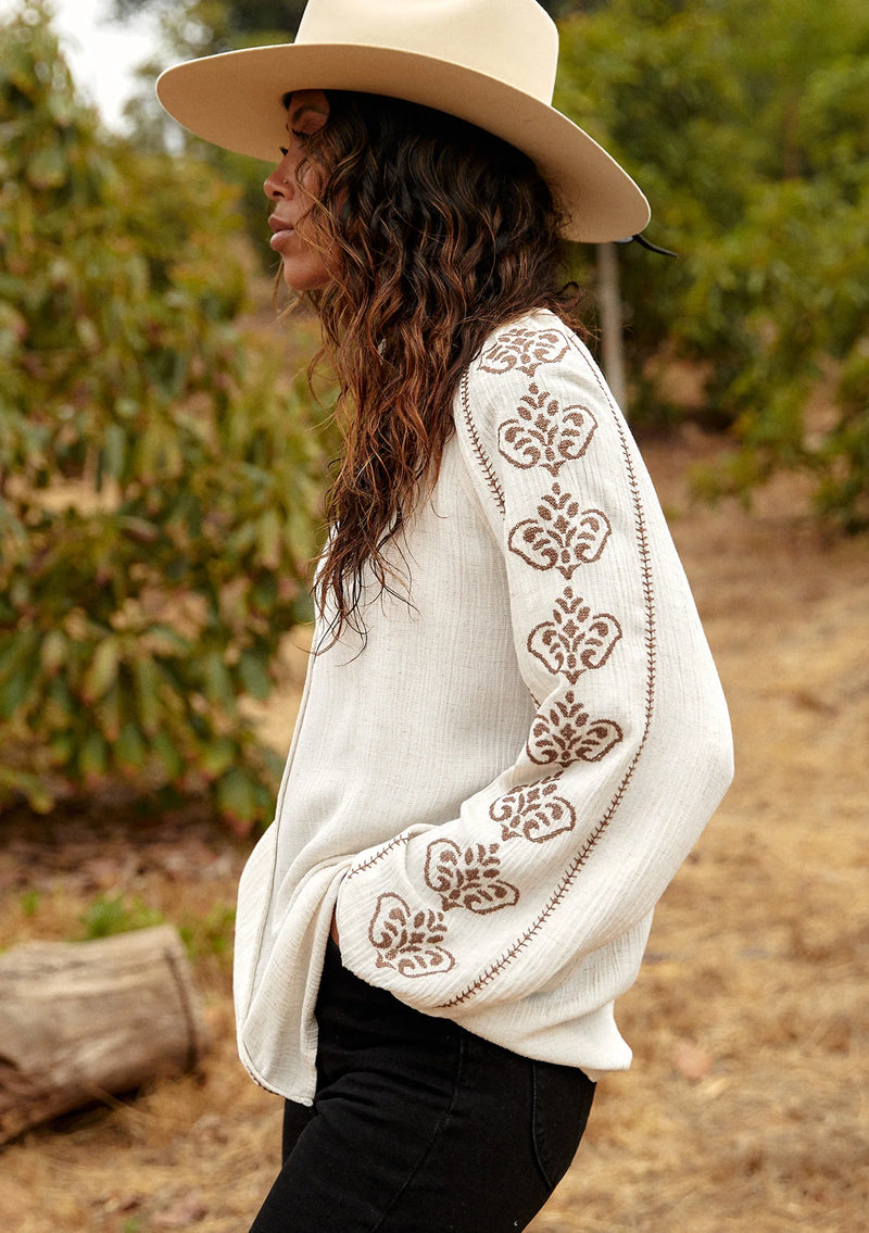 Embroidered Long Sleeve Split Neck Peasant Blouse - Natural/Taupe