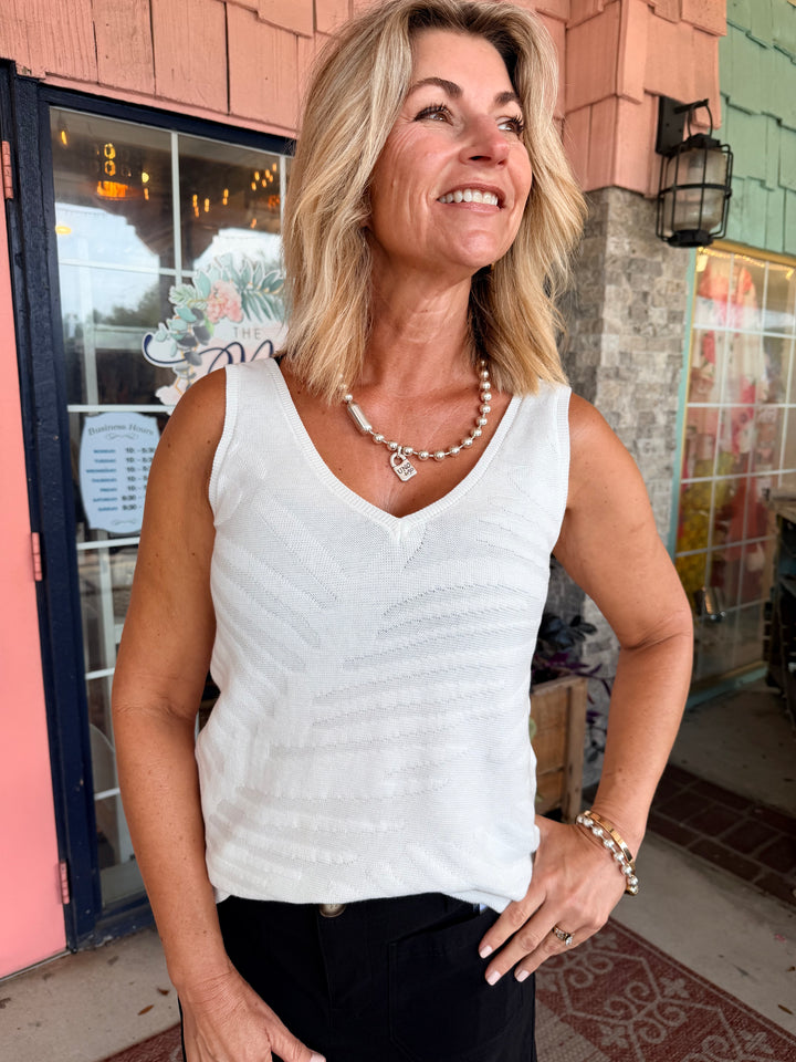 Tribal Sleeveless V-Neck Sweater White