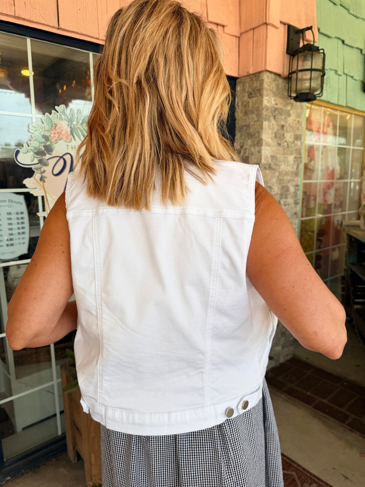 Tribal Comfort Stretch Sleeveless Denim Jacket With Patch Pockets White