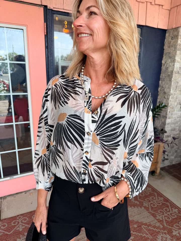 Tribal Flowy Dolman Sleeve Blouse With Self-Covering Buttons White/Black