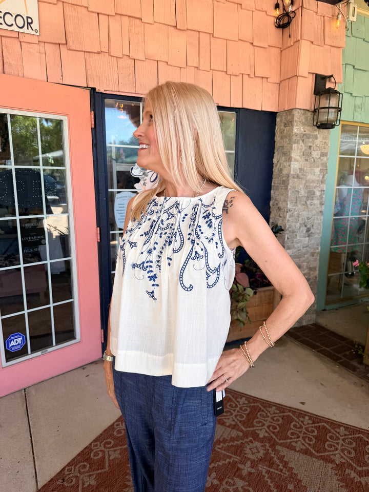 Liverpool Sleeveless Boat Neck Woven Top with Pintucks Cream