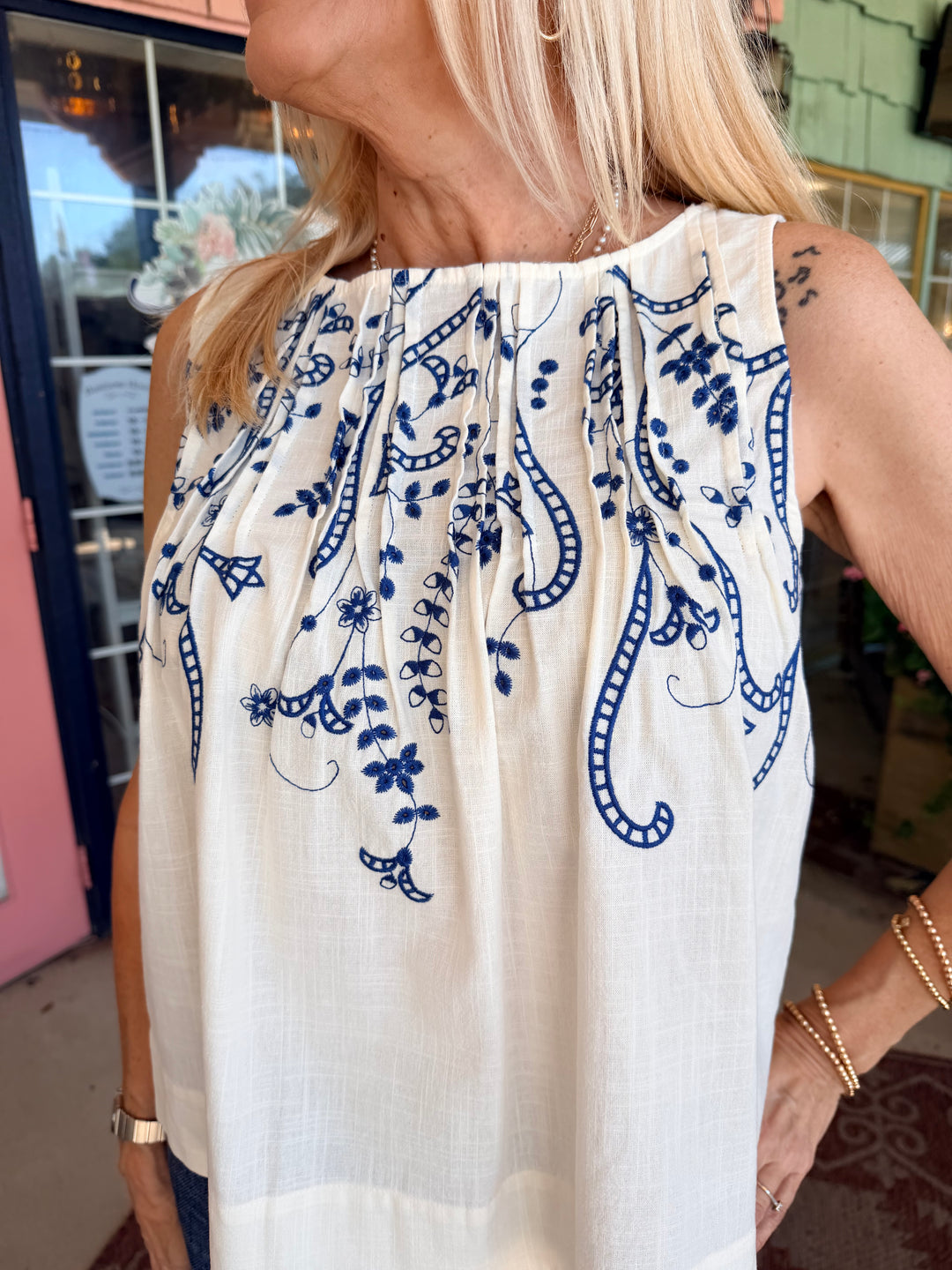 Liverpool Sleeveless Boat Neck Woven Top with Pintucks Cream