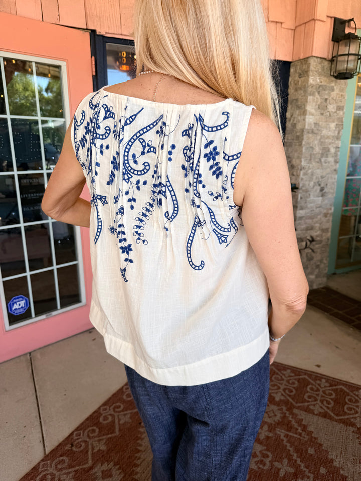 Liverpool Sleeveless Boat Neck Woven Top with Pintucks Cream