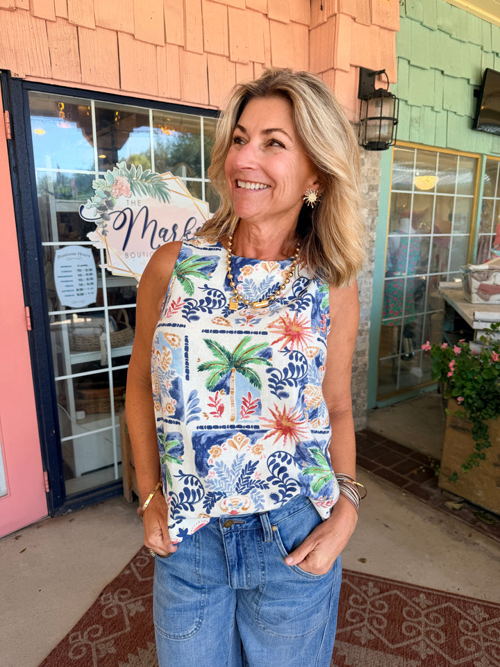 Charlie B Printed Linen Blend Blouse With Back Button Detail - Island