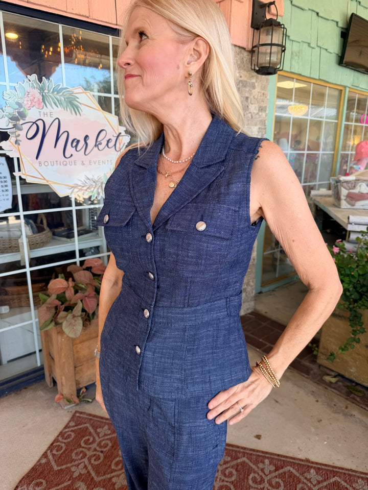 Liverpool Peplum Vest with Tab Detail - Indigo