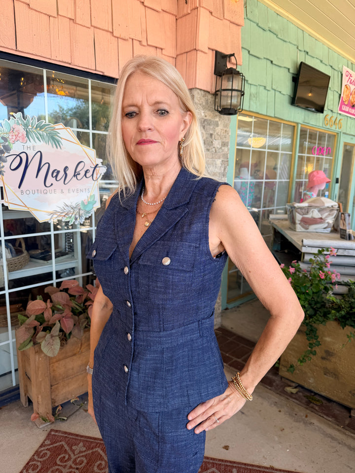 Liverpool Peplum Vest with Tab Detail - Indigo