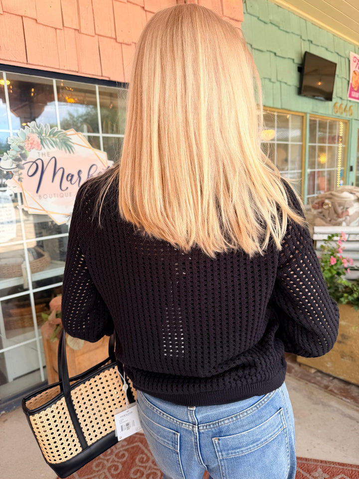 Tribal Crochet Boat Neck Bell Sleeve Sweater Black