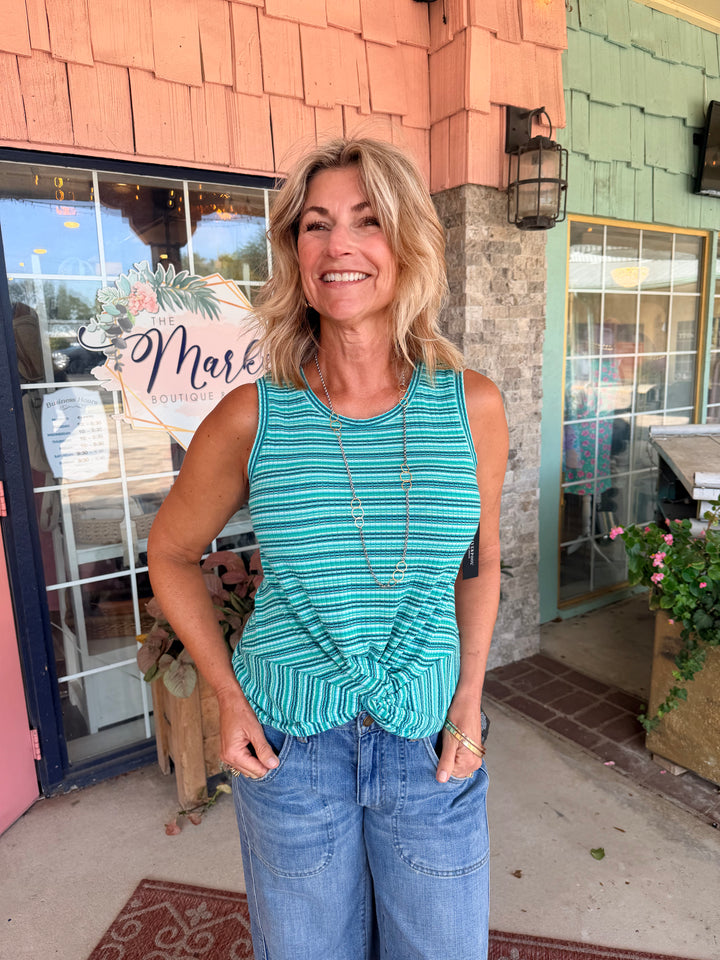 Liverpool Sleeveless Twist Front Knit Top Lagoon Teal Multi