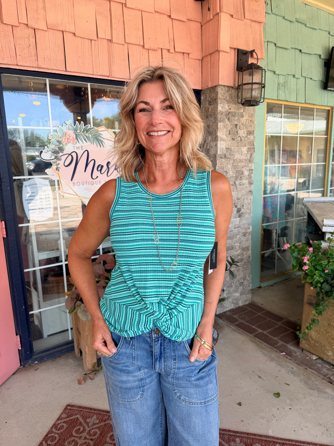 Liverpool Sleeveless Twist Front Knit Top Lagoon Teal Multi