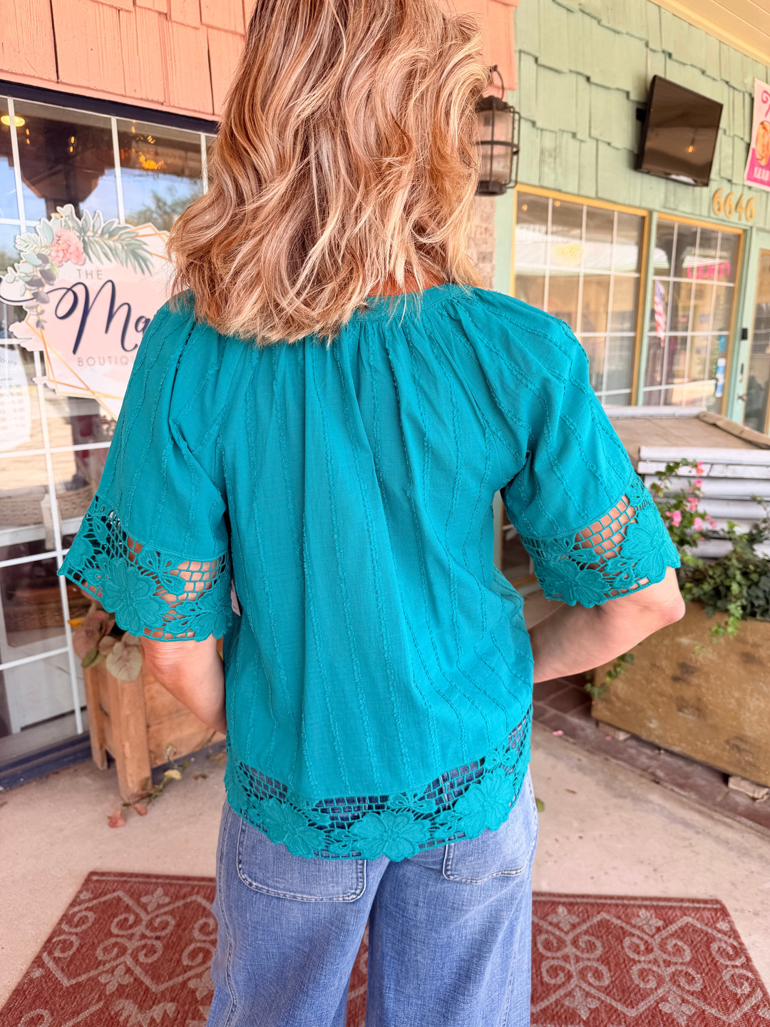 Liverpool Short Sleeve Woven Top With Lace Teal Tide