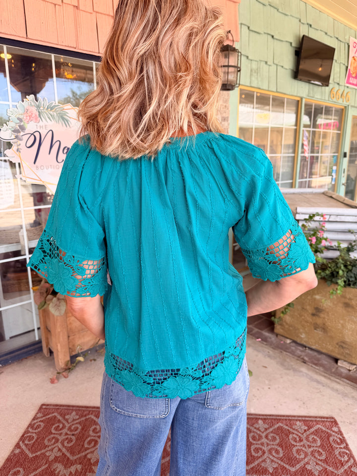 Liverpool Short Sleeve Woven Top With Lace Teal Tide