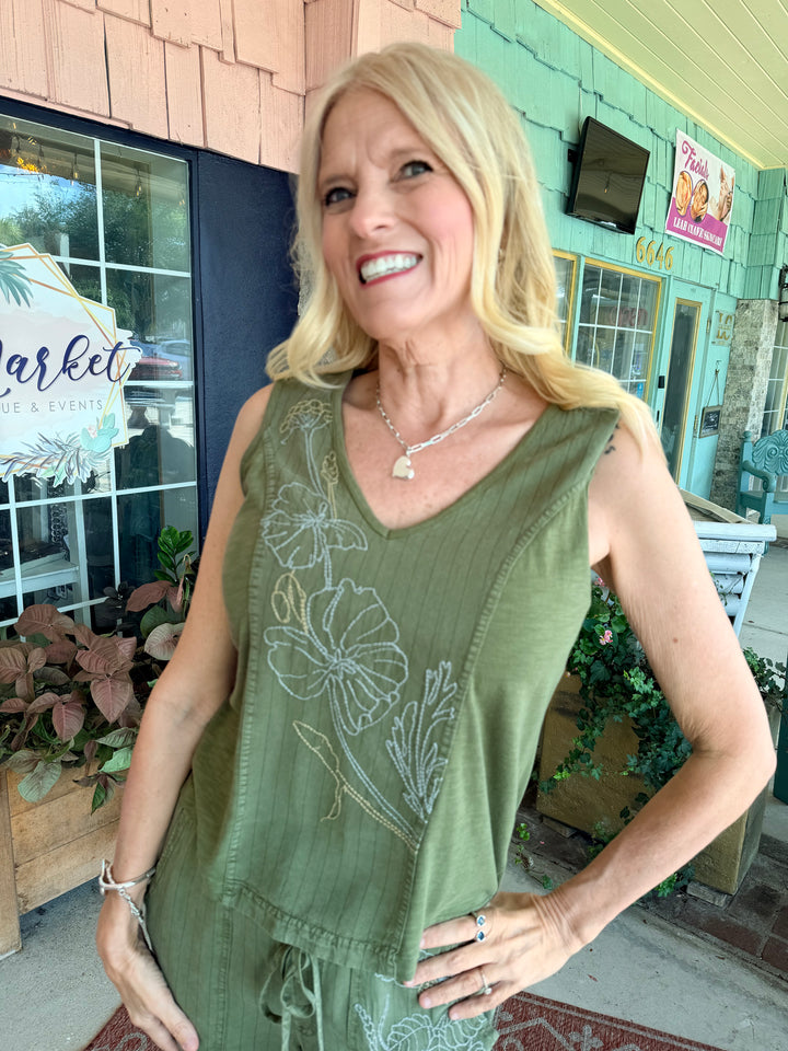 XCVI Siska Embroidered Pinstripe V-Neck Tank Espalier Pigment