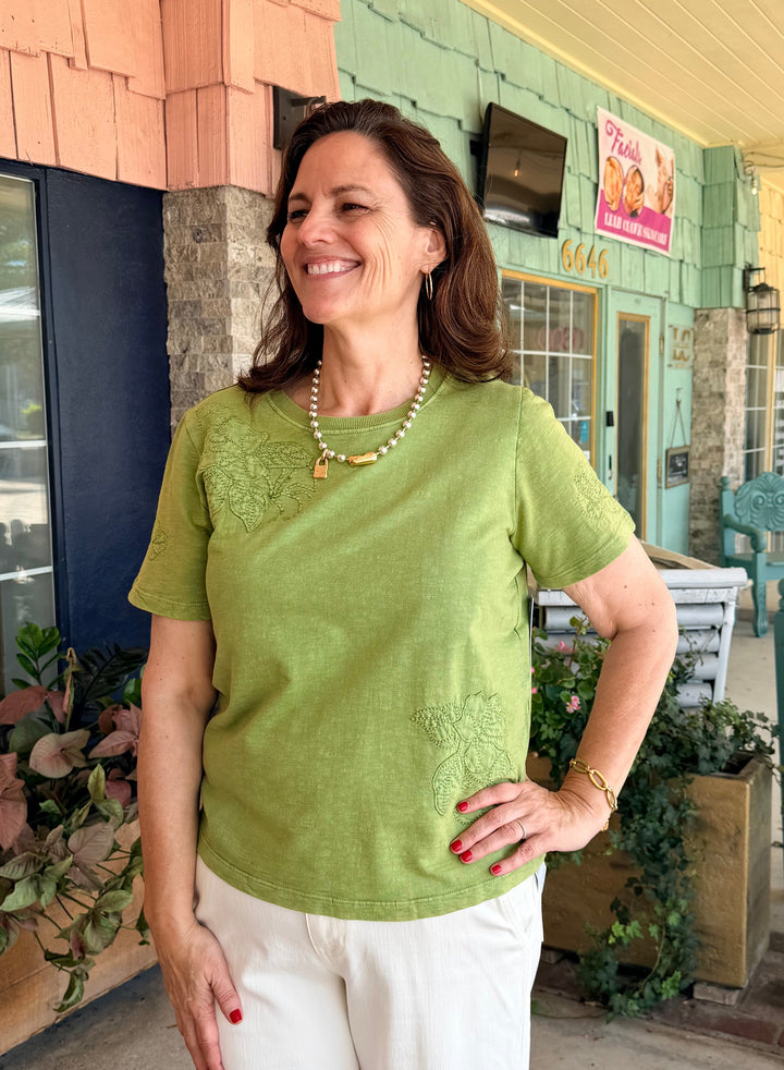 Tribal Crew Neck Short Sleeve Tee With Embroidered Patchwork Kiwi Zest