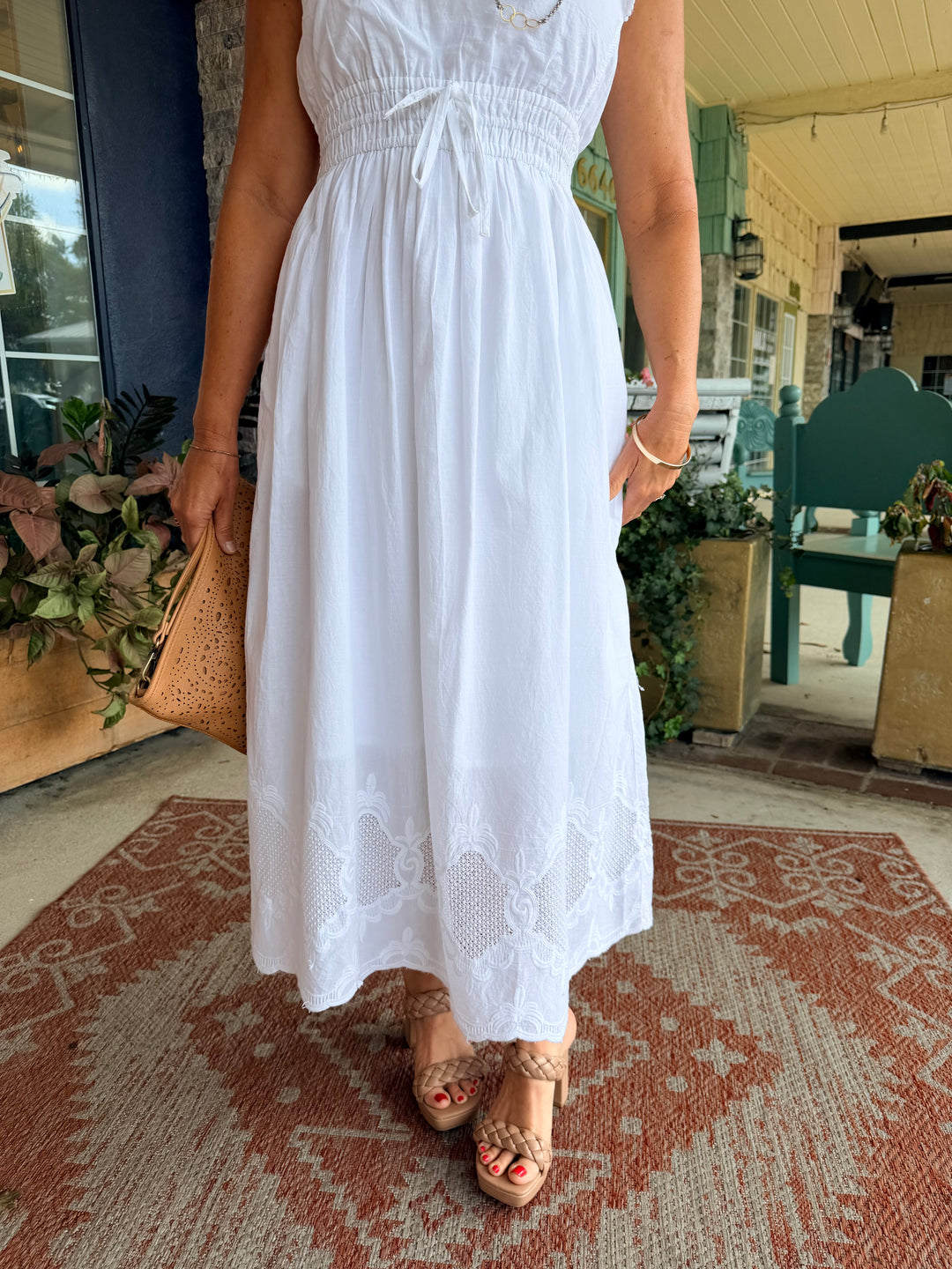 Charlie B V-Neck Elastic Waist Dress &amp; Ruffle Cap Sleeve White