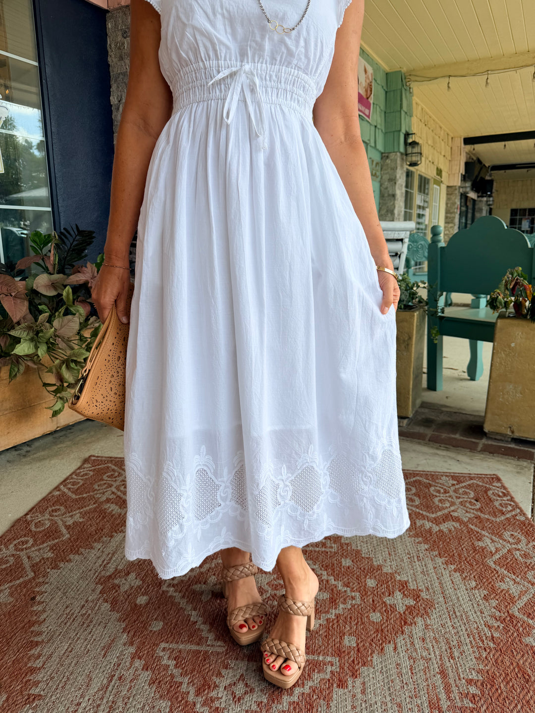 Charlie B V-Neck Elastic Waist Dress &amp; Ruffle Cap Sleeve White