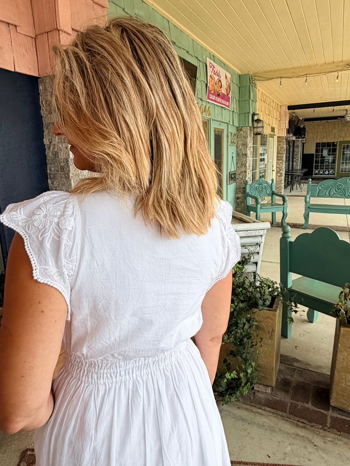 Charlie B V-Neck Elastic Waist Dress &amp; Ruffle Cap Sleeve White