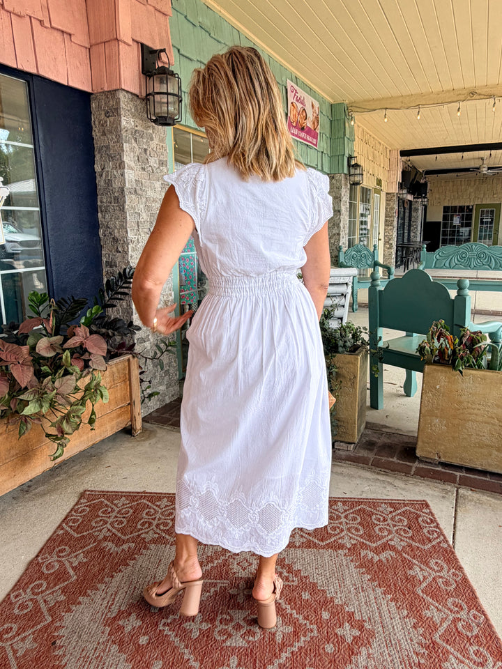 Charlie B V-Neck Elastic Waist Dress &amp; Ruffle Cap Sleeve White
