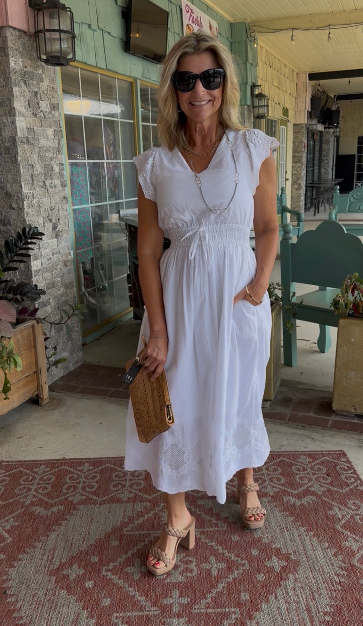 Charlie B V-Neck Elastic Waist Dress &amp; Ruffle Cap Sleeve White