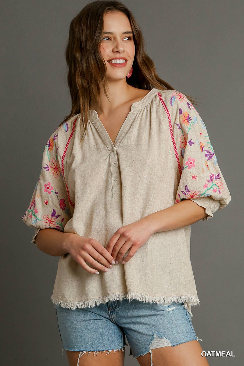 FINAL SALE Linen Split Neck Mid Button Down Top Embroidered Sleeves - Oatmeal