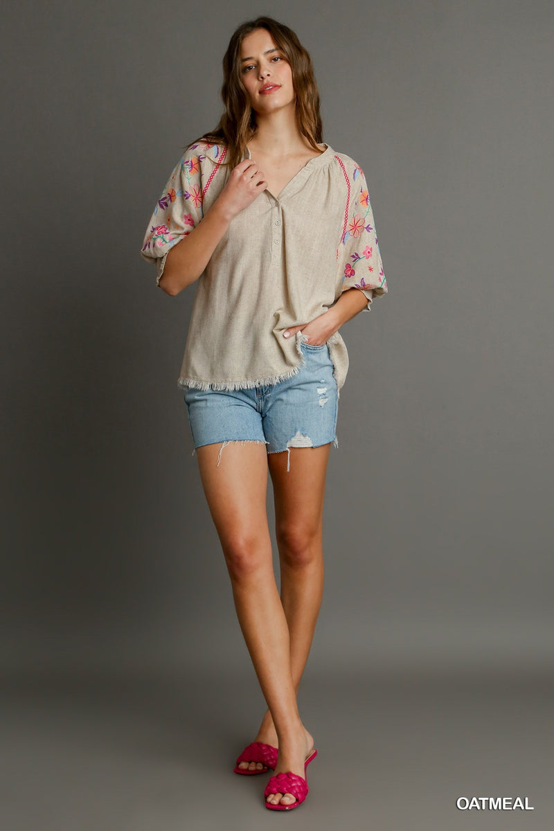 FINAL SALE Linen Split Neck Mid Button Down Top Embroidered Sleeves - Oatmeal