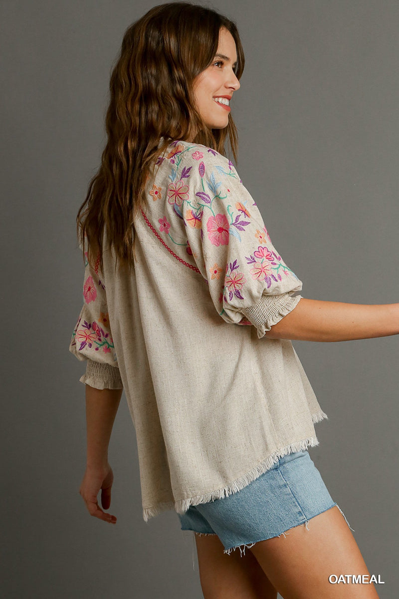 FINAL SALE Linen Split Neck Mid Button Down Top Embroidered Sleeves - Oatmeal