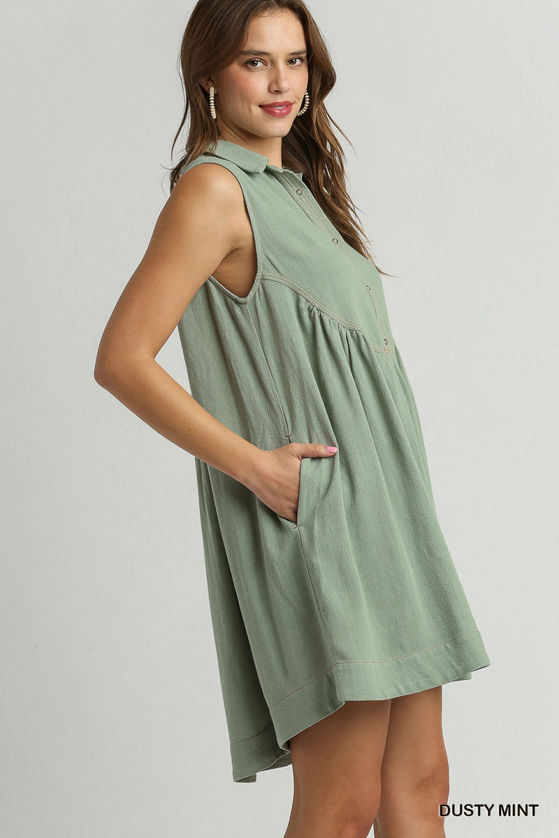 FINAL SALE Linen Mid Button Sleeveless Dress with Contrast Denim Stitch Details - Dusty Mint