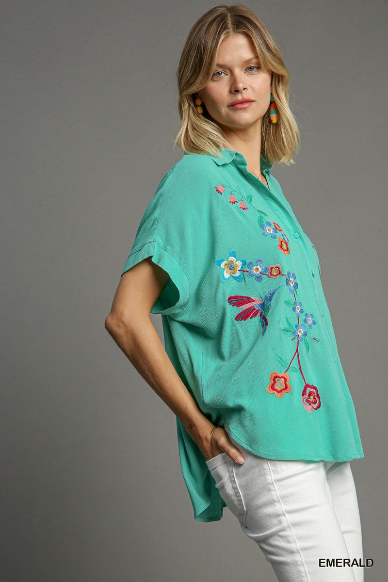 FINAL SALE Collared Button Down Embroidered Top - Emerald