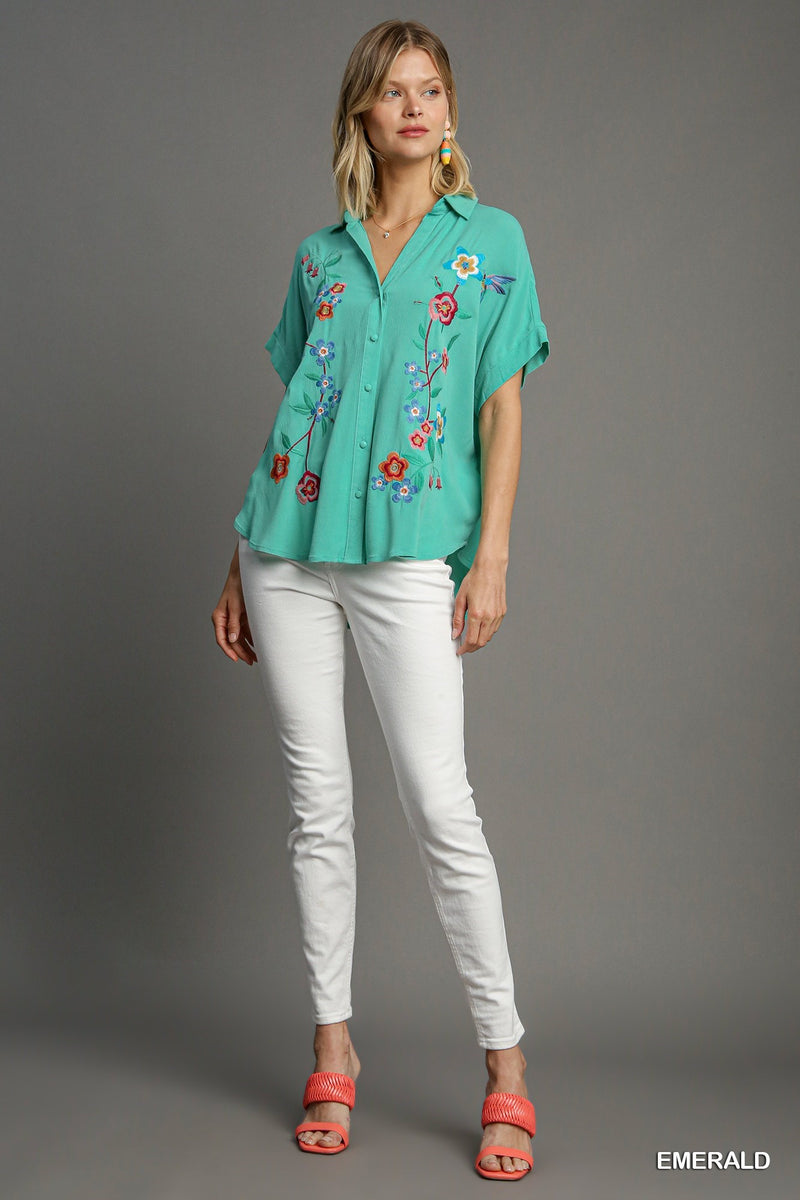 FINAL SALE Collared Button Down Embroidered Top - Emerald