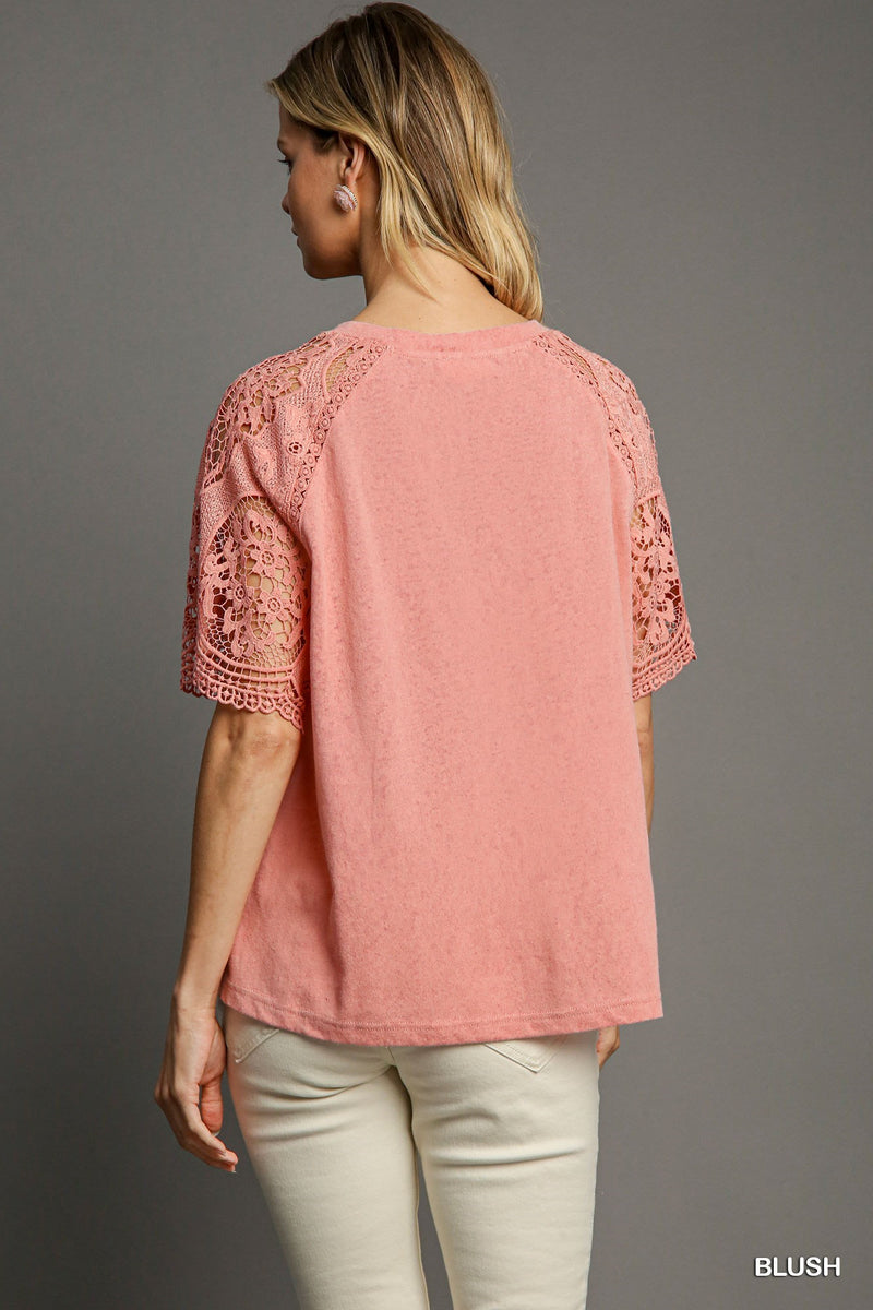 FINAL SALE Slub Knit Top with Lace Sleeves - Blush