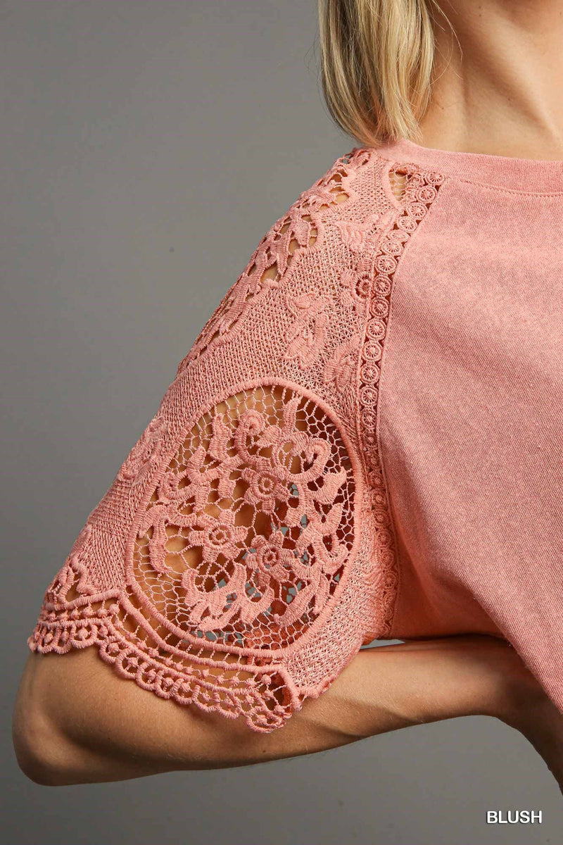 FINAL SALE Slub Knit Top with Lace Sleeves - Blush