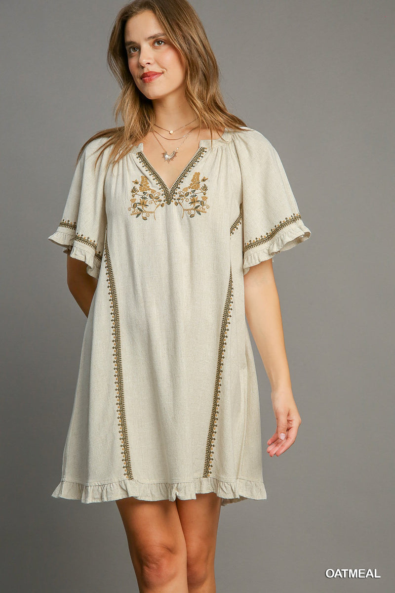 FINAL SALE Linen Peasant Mini Dress with Embroidery - Oatmeal