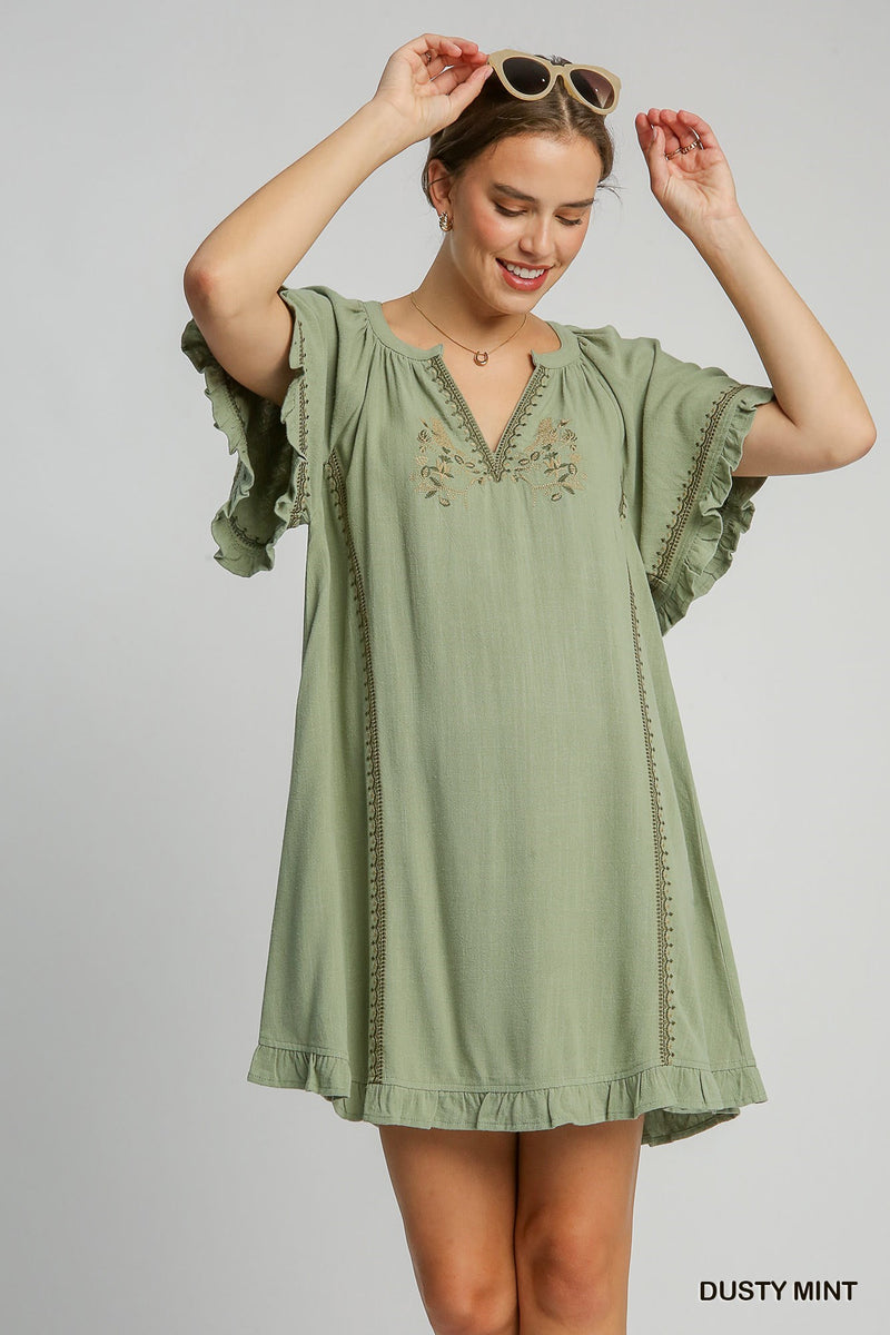 FINAL SALE Linen Peasant Mini Dress with Embroidery - Dusty Mint