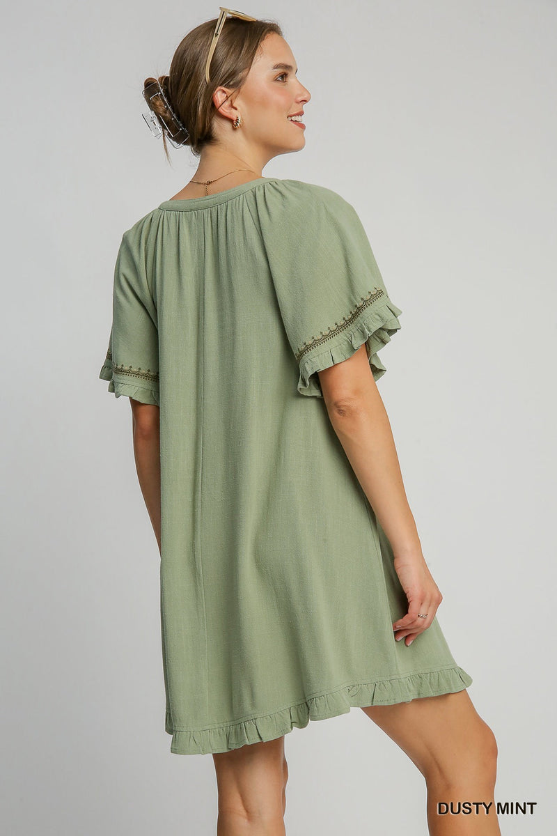 Linen Peasant Mini Dress with Embroidery - Dusty Mint